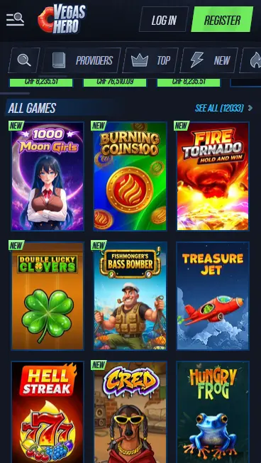 VegasHero mobile casino app interface on a smartphone browser
