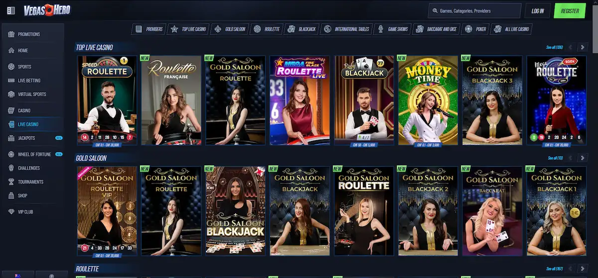 Evolution Gaming live casino streaming on VegasHero mobile browser